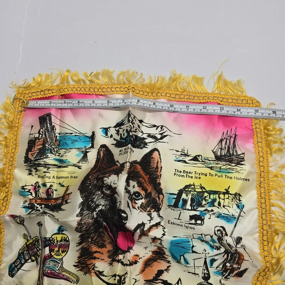 Vintage Souvenir of Alaska Fringed Pillow Cover Wall Hanging Husky Dog Totem